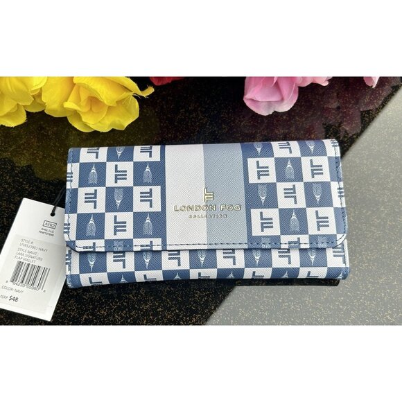 London Fog Handbags - London Fog Lara Signature Wallet, Front Flap, card slots , color Navy, NWT